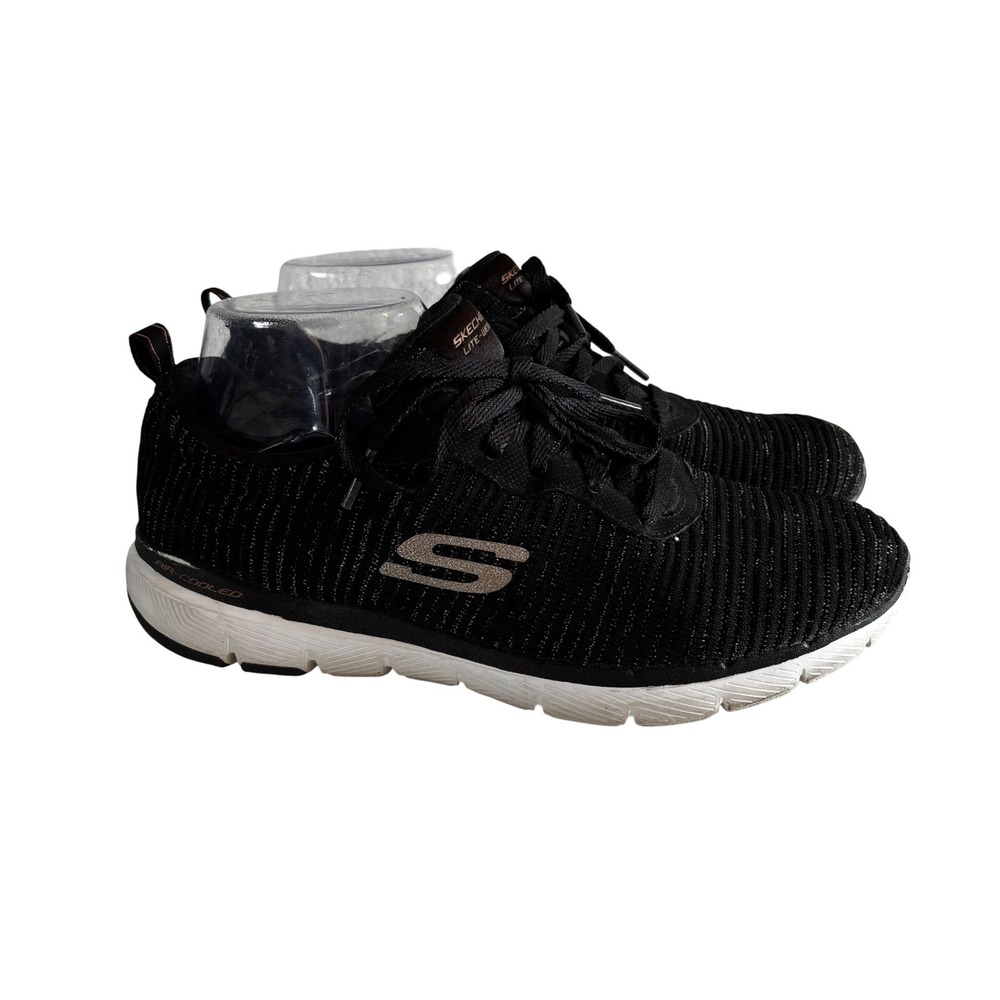 Skechers Sneakers Womens 8.5 Lite-Weight Shoes Black Rose Gold Metallic 13071